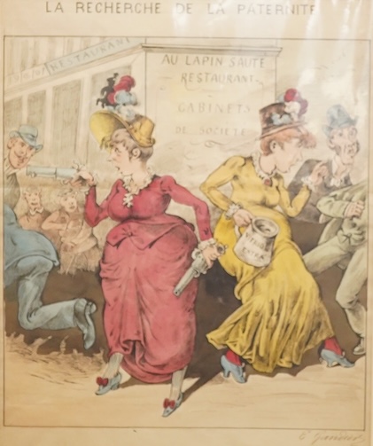 E. Gandier (French, 19th century), 'La Recherche de la Paternité, signed lower right, ink and watercolour, mounted, unframed, 36 x 29cm